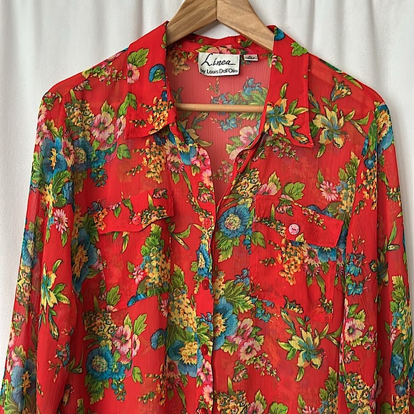 Linea by Louis Dell’Olio Orange Floral Long Sleeve Blouse Shirt Top **Size XL** - Picture 3 of 5